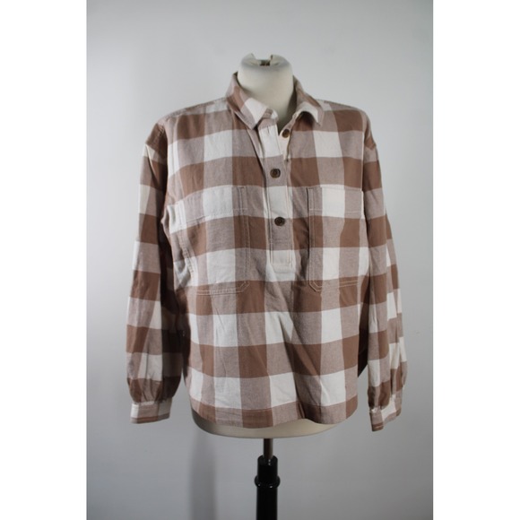 Everlane Tops - Everlane M Brown White Buffalo Check Organic Cotton Flannel Button Popover Shirt